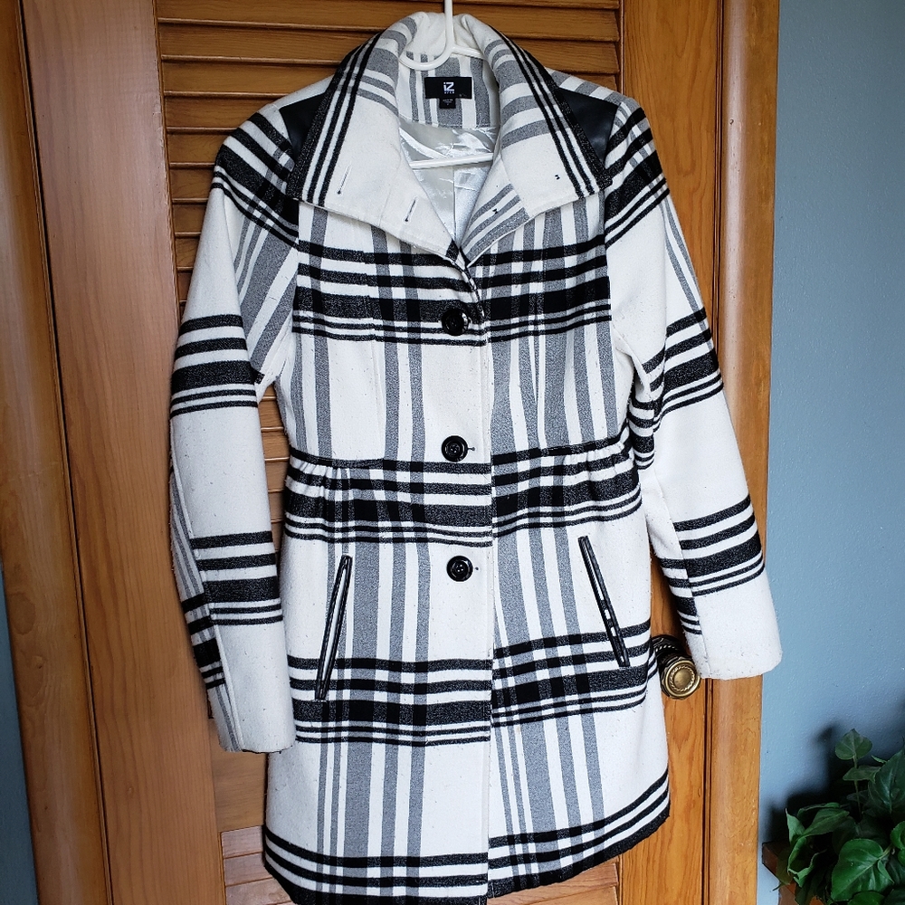 IZ Byer Black and White Plaid Pea Coat